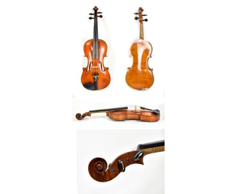 A full size German violin, Stradivarius copy with two-piece back, length 35.8cm and typical label, additonal label for Nick C