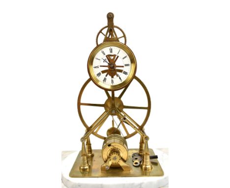 A brass skeleton clock with fusée movement, the enamelled chapter ring set with Roman numerals, on stepped oval and square se