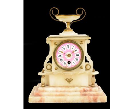 A French alabaster mantel clock with urn surmount above pink enamelled dial set with Roman numerals, raised on stepped plinth