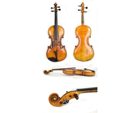 A full size German violin, Stainer copy with two-piece back, length 35.5cm, cased with two nickel mounted bows.Additional Inf