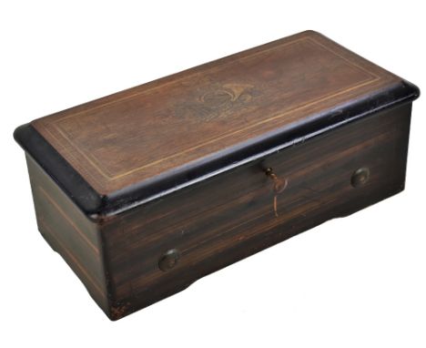 A 19th century Swiss musical box, the case with inlaid decoration of musical instruments, length of case 33cm.Additional Info