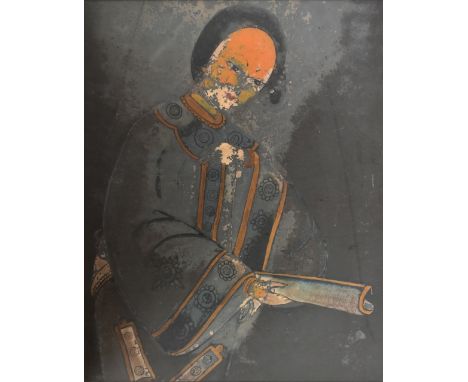A late 19th/early 20th century Chinese reverse painting on glass depicting a female figure holding a scroll, 39.5 x 31.5cm (a