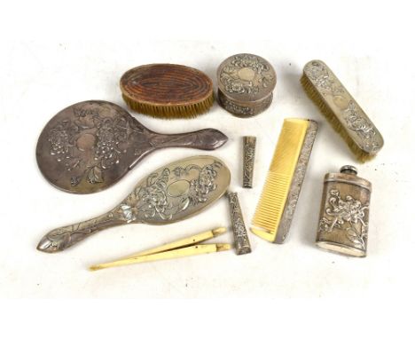 YOK SANG; a Chinese silver powder shaker and glove stretchers with ivory mounts, also a Chinese silver five piece dressing ta