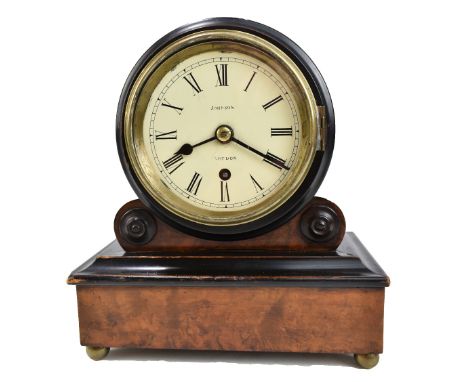 JOHNSON OF LONDON; a 19th century burr walnut veneered and ebonised drum mantel clock, the circular enamelled dial set with R