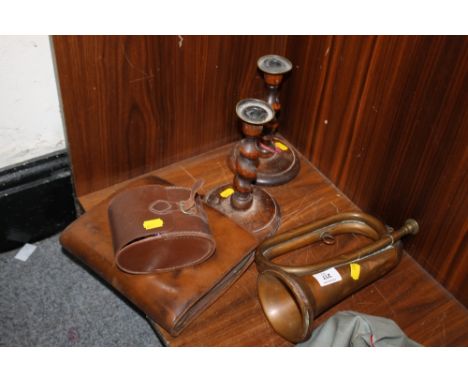 A COPPER BUGLE TOGETHER WITH A PAIR OF BARLEY TWIST CANDLE STICKS ETC