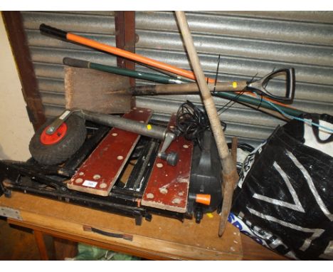 A QUANTITY OF HAND TOOLS, WORK BENCH, JOCKEY WHEEL ETC