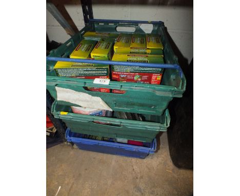 THREE TRAYS OF GRASS SEED, TOOLS ETC