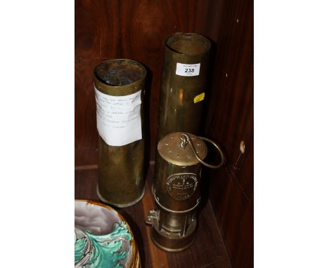 TWO LARGE TRENCH ART VASES TOGETHER WITH AN ECCLES MINERS LAMP (3) 
