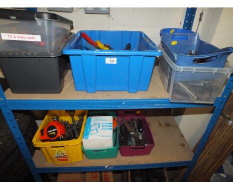 A QUANTITY OF SMALL HAND TOOLS ETC (TWO SHELVES)