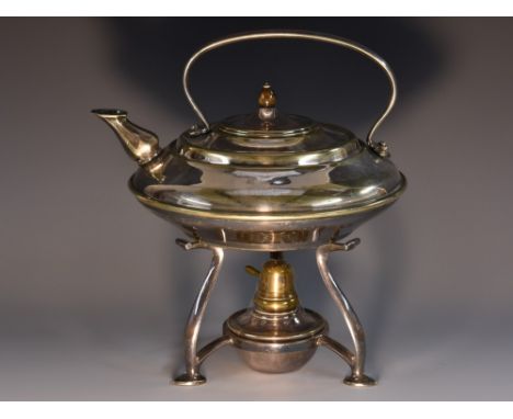 An Arts and Crafts silver plated tea kettle on stand, by Benson, of stepped compressed ovoid form, loop handle, upturned octa