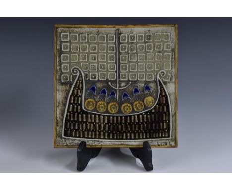 A Swedish Gustavsberg ceramic square wall tile,  by Lisa Larson,  decorated in relief with stylised Viking longship at full s