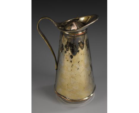 A silver plated insulated conical hot water jug, by W A S Benson, hinged cover with rivets, upturned spout, scroll handle, en