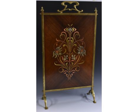 A Seccessionist brass, kingwood and marquetry firescreen, inlaiod with sinuous organic motifs, 82cm high, c.1905