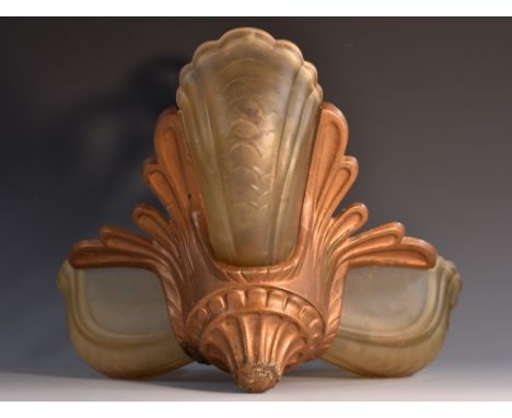 Lighting - a pair of French spelter and frosted glass wall lights, the mounts with stylized leaves, the shaped stepped, 25cm 