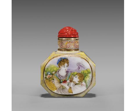 QIANLONG-STYLE ENAMELED GLASS SNUFF BOTTLEOld Chinese enameled glass snuff bottle, imitating enamel on copper style; of short