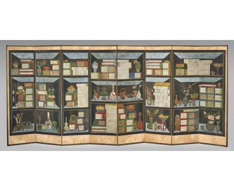 ANTIQUE KOREAN EIGHT-PANEL SCREENAntique Korean, eight-panel screen; finely depicting scholar's desk objects, including writi