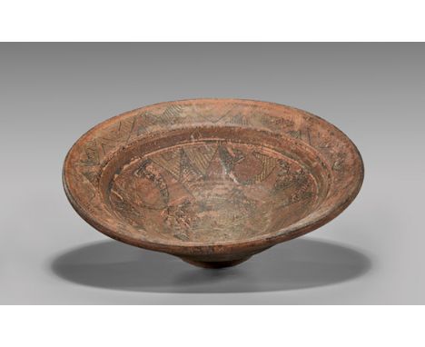 PRE-COLUMBIAN PAINTED POTTERY BOWLLarge Pre-Columbian, possibly Mayan painted pottery bowl; of conical form with geometric an