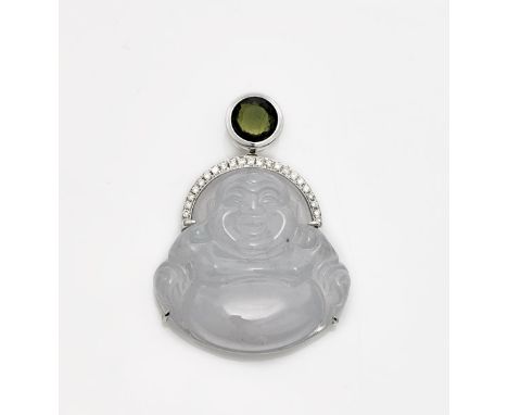 CARVED "WATER" JADE PENDANT: BudaiHighly translucent, Chinese carved "water" jade pendant; the flattened plaque form depictin