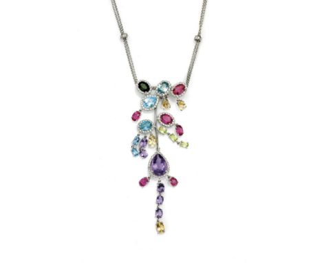 MULTI-GEM PENDANT & 18K GOLD NECKLACEWhimsical 18K white gold pendant, set with a rainbow of colorful gems  including amethys