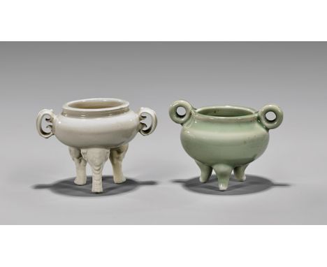 TWO ANTIQUE GLAZED CENSERS: Blanc-de-Chine & CeladonTwo antique Chinese glazed tripod porcelain censers: blanc-de-chine with 