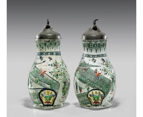 PAIR RARE KANGXI PERIOD CISTERNSPair of extremely rare, Chinese Kangxi Period, Famille Verte enameled porcelain wall-mounted 