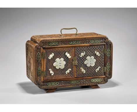 CARVED HARDSTONE-INSET HARDWOOD STORAGE CHESTExtremely heavy, Chinese hardstone and jade inset hardwood storage chest; the re