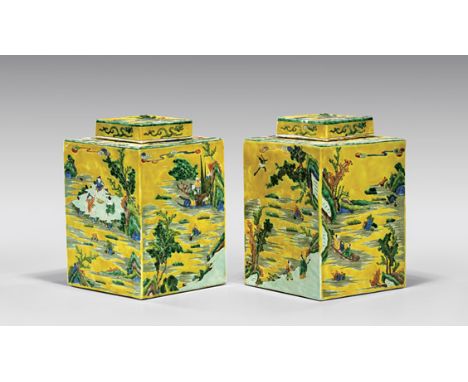 PAIR ENAMELED PORCELAIN COVERED VASESPair of Chinese Kangxi-style, enameled porcelain covered vases; each of rhomboid form, e