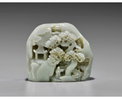 SMALL CARVED WHITE JADE BOULDERCarved Chinese jade boulder; the naturalistic form carved with classic scenes of sages, pine t