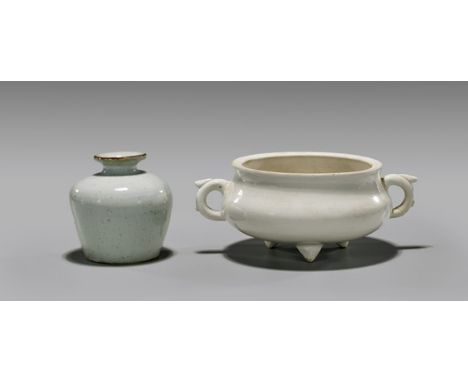 TWO MING PORCELAINS: Censer & JarletTwo Chinese Ming Dynasty, glazed porcelain vessels: blanc de chine tripod censer of compr