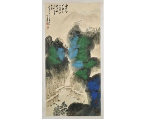 LARGE INK & COLOR PAPER SCROLL: LandscapeVery large, Chinese ink and color on paper scroll; depicting a stylized landscape re