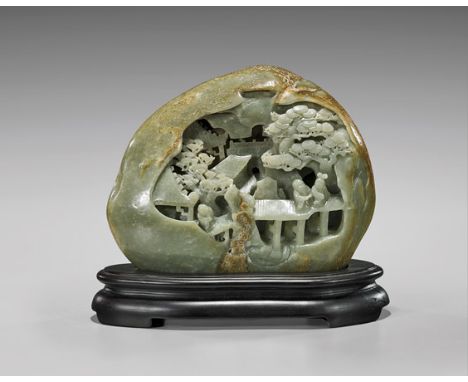 CARVED CELADON JADE BOULDERChinese carved celadon jade boulder; the front depicting scene of two figures on a bridge tucked a