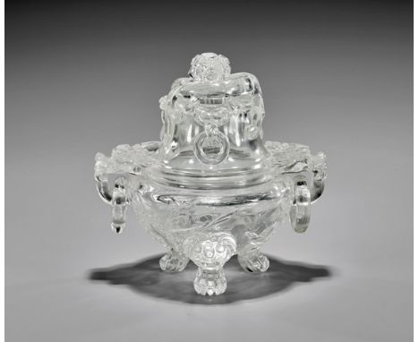 CHINESE CARVED ROCK CRYSTAL CENSERFinely carved, Chinese rock crystal quartz tripod censer; the tall cover surmounted with a 