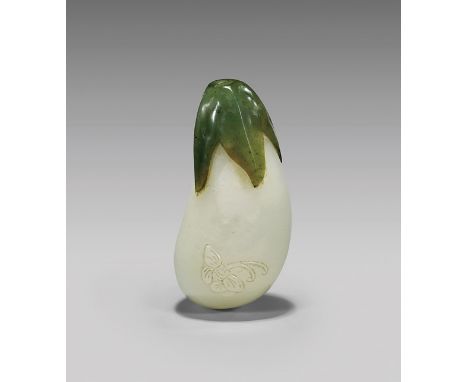 ANTIQUE JADE SNUFF BOTTLE: EggplantFinely hollowed and antique, white jade snuff bottle; carved in the form of an eggplant,ca