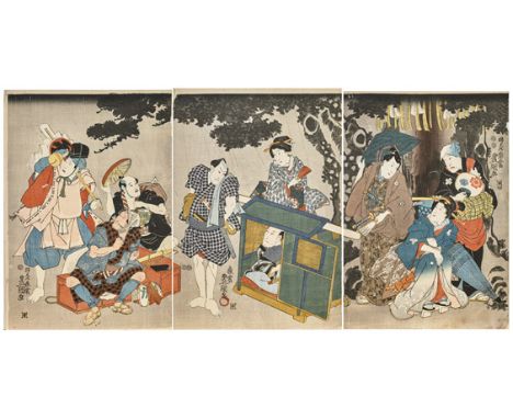 ANTIQUE JAPANESE TRIPTYCH PRINT BY TOYOKUNI IIIAntique Japanese woodblock print triptych by Toyokuni III (Utagawa Kunisada I)