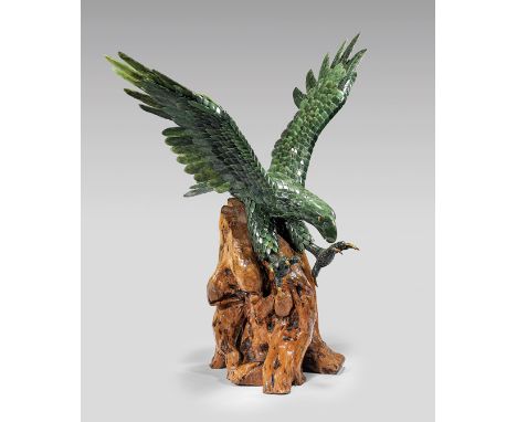 LARGE SECTIONAL SPINACH JADE EAGLEVery large and elaborate, Chinese sectional spinach jade model; of a dramatic eagle with wi