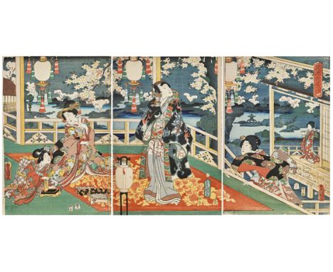 ANTIQUE JAPANESE TRIPTYCH PRINT BY TOYOKUNI IIIAntique Japanese woodblock print triptych by Toyokuni III (Utagawa Kunisada I)