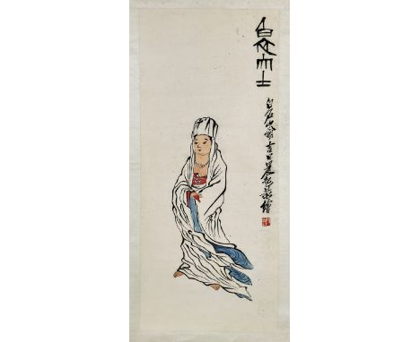 CHINESE PAPER SCROLL AFTER QI BAISHI: GuanyinChinese ink and color on paper scroll; showing Guanyin in hooded, flowing robes;