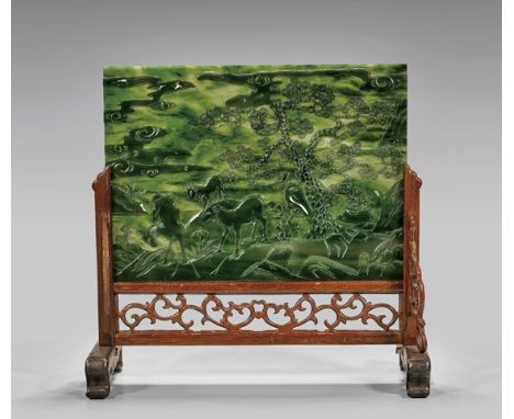 CARVED SPINACH JADE TABLESCREENFine Chinese spinach jade tablescreen; the thin rectangular panel carved with scene of grazing