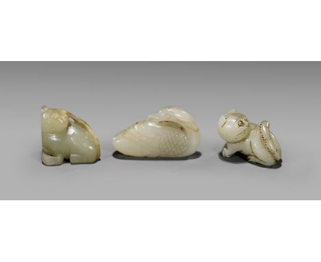 THREE SMALL ANTIQUE JADE TOGGLESThree small and antique, Chinese carved celadon jade toggles: a goose of flattened form; toge