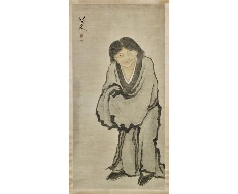 CHINESE SILK SCROLL IN THE MANNER OF SHI TAOChinese ink and color on silk scroll; depicting a single lone figure of Liu hai d