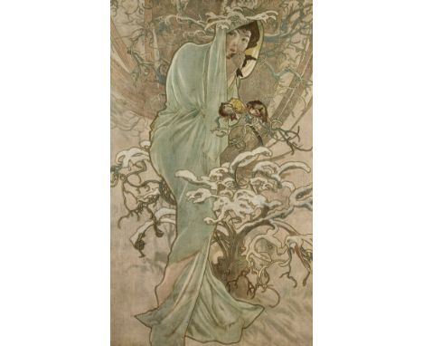 THE FOUR SEASONS LINEN PANELS AFTER ALPHONSE MUCHASet of four, vintage Art Nouveau linen panels after Alphonse Mucha (Czech, 
