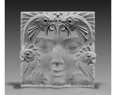 LALIQUE 'FONTAINE POISSONS' PANELFrench Lalique moulded, frosted and clear glass panel; entitled  'Fontaine Poissons', the sq