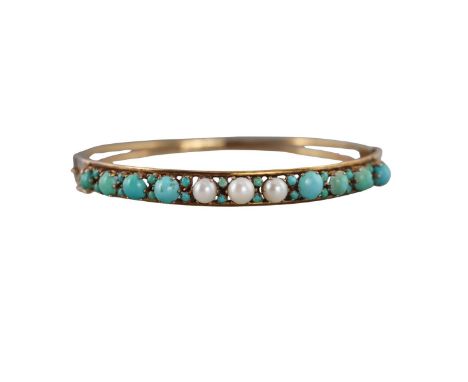  Metal  : 14k Gold   Designer  : Not Signed   Gemstone  : Turquoise, Pearl.    Measurements  : Bracelet will fit approx 6.75"