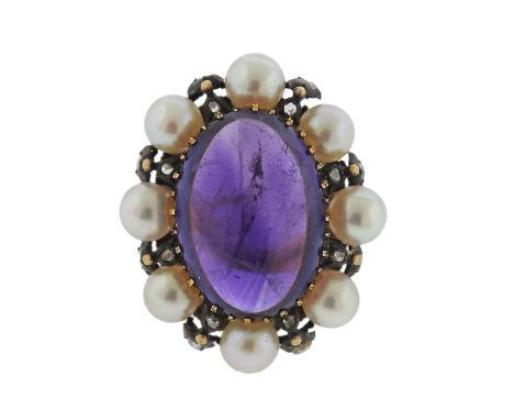  Metal  : 18k Gold    Designer  : Buccellati  Gemstone  : Amethyst, Rose cut diamonds, Pearls.    Measurements  :  Ring size 