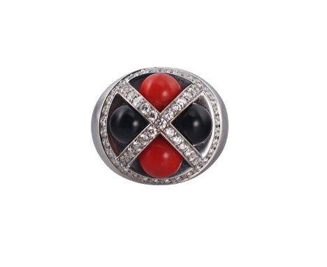  Metal  : 18k Gold   Designer  : Gianni Bulgari   Gemstone  : Diamond, Coral, Onyx    Measurements  : Ring size 6.5, top is 2