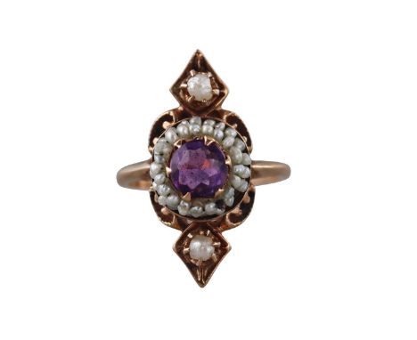  Metal  : 10k Gold   Designer  : Not Signed   Gemstone  : Seed pearls, Amethyst.   Measurements  : Ring size 3.5, top is 21mm