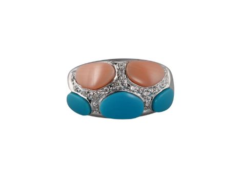  Metal  : 14k Gold    Designer  : Not Signed   Gemstone  : Diamonds Turquoise, Coral.     Measurements  : Ring size 7, top is