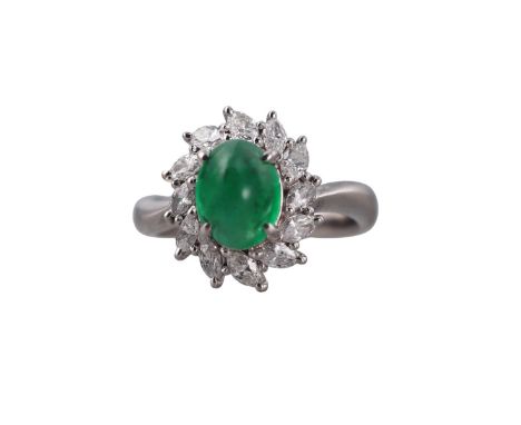  Metal  : Platinum   Designer  : Not Signed   Gemstone  : Emerald cabochon 2.91ct, Diamonds 0.85ctw.     Measurements  : Ring