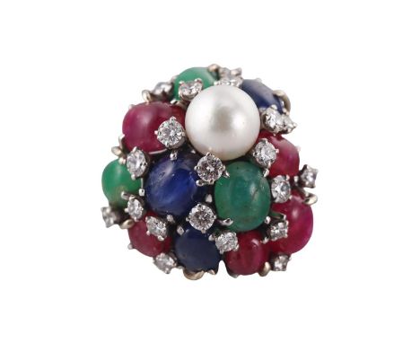  Metal  :  14k Gold   Designer  : Not Signed   Gemstone  : Diamonds approx. 3.50ctw, Pearl 12mm, ruby, Sapphire and Emerald c