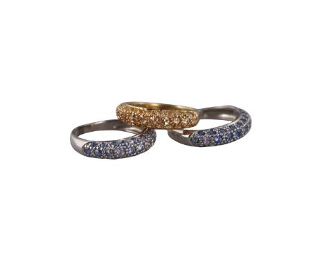  Metal  : 14k Gold    Designer  : Not Signed   Gemstone  : Yellow and blue sapphires.   Measurements  : Ring sizes - 5.25 eac